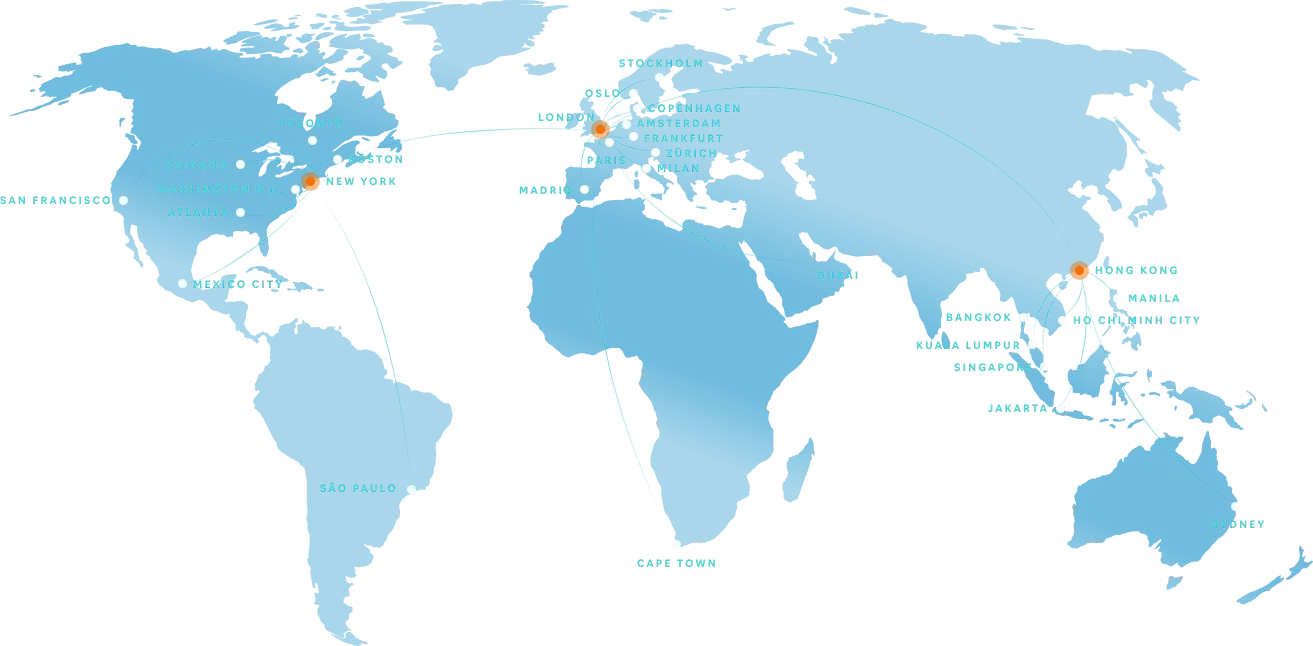 map of the world with hubs in London, Hong Kong and New York